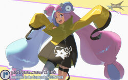 1girl blue_hair bow-shaped_hair character_hair_ornament commentary english_commentary grey_pantyhose hair_ornament hexagon_print iono_(pokemon) jacket long_hair long_sleeves looking_at_viewer multicolored_hair one_eye_closed open_mouth orlek oversized_clothes pantyhose pink_hair pokemon pokemon_sv sharp_teeth single_leg_pantyhose sleeves_past_fingers sleeves_past_wrists smile solo split-color_hair teeth twintails two-tone_hair yellow_jacket
