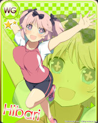  +_+ 1girl :d black_shorts blue_eyes blush bow breasts card_(medium) checkered_background collarbone flower-shaped_pupils green_background gym_shirt gym_shorts gym_uniform hair_bow hibari_(senran_kagura) large_breasts looking_at_viewer marvelous official_art open_mouth outstretched_arms pink_hair pink_pupils red_shirt red_shoes red_shorts red_socks senran_kagura senran_kagura_new_wave senran_kagura_shoujo-tachi_no_shin'ei shirt shoes short_hair short_sleeves short_twintails shorts smile socks solo spread_arms sweat symbol-shaped_pupils t-shirt twintails two-tone_shirt two-tone_shorts white_shirt 