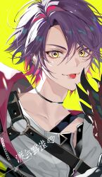  1boy :p absurdres belt black_belt black_choker black_jacket chain character_name chest_belt choker closed_mouth collarbone commentary_request ear_piercing earrings eyelashes gloves grey_shirt hair_between_eyes highres holding holding_mask jacket jewelry koujisako looking_at_viewer male_focus mask multicolored_hair nijisanji o-ring o-ring_belt piercing pink_hair portrait purple_hair shirt short_hair simple_background smile solo streaked_hair tongue tongue_out unworn_mask upper_body virtual_youtuber watarai_hibari white_shirt yellow_background yellow_eyes 