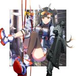  1girl absurdres ammunition_pouch brown_hair colored_shoe_soles earpiece girls&#039;_frontline_2:_exilium girls_frontline gun hair_ornament highres holding holding_gun holding_weapon horns knee_pads knees_together_feet_apart knife_sheath mechanical_horns orange_eyes pouch qbz-191 qbz-191_(girls&#039;_frontline) reraise rope safety_glasses sheath single_knee_pad single_thighhigh thigh-highs weapon 