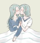  2girls aqua_hair aya--xx bang_dream! blanket blue_shirt braid green_eyes hikawa_hina hikawa_sayo incest kiss light_blush long_hair long_sleeves medium_hair multiple_girls shirt short_sleeves siblings smile twincest twins white_shirt yuri 