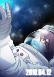  1boy astronaut brown_hair danganronpa_(series) danganronpa_v3:_killing_harmony dated earth_(planet) facial_hair goatee grin hair_between_eyes hand_up highres looking_up male_focus momota_kaito pink_eyes planet reflection shachoo_(poco_poco) smile solo space spacesuit teeth 