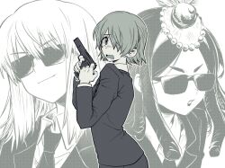  1boy 2girls amaryllis_(dr._stone) beretta_92 business_suit crying crying_with_eyes_open dr._stone dreadlocks feather_hair feathers finger_on_trigger formal_clothes ginro_(dr._stone) glasses green_theme greyscale gun hair_between_eyes hair_over_one_eye halftone handgun hashtag-only_commentary head_tilt highres holding holding_gun holding_weapon intillate jacket kohaku_(dr._stone) lips lipstick long_hair looking_at_viewer makeup monochrome multiple_girls necktie open_mouth short_hair simple_background skirt skirt_suit smile smirk suit sunglasses tears trap weapon white_background 