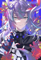  1boy absurdres aqua_eyes black_shirt blue_background blue_hair blurry blurry_foreground chain closed_mouth collar collared_shirt commentary crescent crossed_bangs dated eyelashes falling_petals flower hair_between_eyes highres hoshirube_sho jacket koujisako long_hair looking_at_viewer male_focus multicolored_hair nijisanji o-ring parted_lips petals picture_frame purple_hair red_flower shirt smile solo sparkle streaked_hair symbol-only_commentary twitter_username upper_body virtual_youtuber white_jacket 