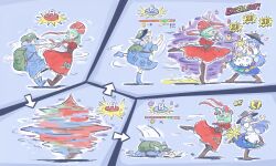  >_< 3girls apron arrow_(symbol) black_hat blue_boots blue_hair blue_shirt blue_skirt boots bow bowtie brown_boots brown_corset button_prompt closed_eyes commentary corset damage_numbers doll_joints dress english_commentary english_text fighting fruit_hat_ornament gameplay_mechanics green_bag green_hair green_hat hair_bobbles hair_bow hair_ornament hair_ribbon hat hat_ornament highres hinanawi_tenshi holding_hands joints kagiyama_hina kawashiro_nitori knee_boots leaf_hat_ornament long_hair lying multiple_girls on_stomach open_mouth oysterfried peach_hat_ornament puffy_short_sleeves puffy_sleeves rainbow_order red_bow red_bowtie red_dress red_ribbon ribbon rubber_boots shirt short_sleeves skirt smile spinning touhou two_side_up very_long_hair waist_apron white_shirt 