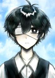  1boy antenna_hair arms_at_sides bags_under_eyes black_eyes black_hair black_sweater_vest blue_sky bright_pupils buttons chinese_commentary clenched_teeth clouds collared_shirt commentary_request day double-parted_bangs eyepatch gangsiqiu_zhansi highres looking_at_viewer male_focus medical_eyepatch omori one_eye_covered outdoors parted_lips portrait shirt short_hair sky solo spoilers straight-on sunny_(omori) sweater_vest teeth very_short_hair white_pupils white_shirt 