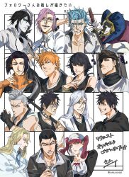  2girls 6+boys aizen_sousuke arrancar artist_name asymmetrical_hair asymmetrical_sidelocks ayasegawa_yumichika bandages bandaid bandaid_on_face bare_shoulders black_choker black_dress black_eyes black_gloves black_hair black_headband black_kimono black_shirt black_sleeves bleach bleach:_sennen_kessen-hen blonde_hair blue_eyes blue_hair blunt_bangs bob_cut boha_lol bow broken_helmet broken_mask brown_eyes brown_hair buttons cape choker clenched_teeth cloak coat collarbone collared_coat collared_jacket colored_eyelashes colored_teeth commentary_request cross cross_necklace detached_sleeves dokugamine_riruka dress eyelashes eyeliner eyepatch facepaint facial_mark fake_horns fingerless_gloves followers_favorite_challenge frown ginjou_kuugo glasses gloves green_eyeliner green_eyes green_ribbon green_sleeves grey_coat grey_eyes grey_hair grimmjow_jaegerjaquez grin hair_between_eyes hair_over_shoulder hair_ribbon hair_slicked_back hand_on_own_chest hand_on_own_head hat headband heart helmet highres hisagi_shuuhei holding holding_jewelry holding_necklace holding_scythe holding_sword holding_weapon hole_in_chest hole_on_body horned_headwear horns jacket japanese_clothes jewelry jugram_haschwalth katana kimono kurosaki_ichigo kurotsuchi_mayuri long_hair looking_at_viewer looking_to_the_side makeup mask messy_hair muguruma_kensei multiple_boys multiple_drawing_challenge multiple_girls necklace one_eye_covered open_clothes open_coat open_jacket orange_hair orange_sweater pale_skin parted_lips pink_eyes pink_hair pointing pointing_up profile purple_cape quincy_(bleach) red_bow ribbon scar scar_across_eye scar_on_face scythe shiba_kaien shihakusho shirt short_hair sidelocks signature simple_background single_glove sleeveless sleeveless_coat sleeveless_kimono smile spiky_hair straight-on striped_clothes striped_coat striped_jacket striped_kimono sui-feng sweater sword szayelaporro_granz teeth torn_clothes torn_coat turtleneck turtleneck_coat turtleneck_shirt turtleneck_sweater twintails ukitake_juushirou ulquiorra_cifer vertical-striped_clothes vertical-striped_coat vertical-striped_jacket vertical-striped_kimono weapon white_background white_cloak white_coat white_gloves white_hair white_hat white_helmet white_jacket white_mask white_shirt yellow_eyes yellow_teeth 