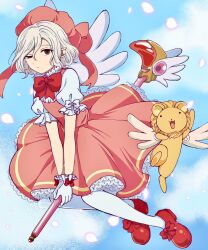  1boy bags_under_eyes black_eyes blue_sky cardcaptor_sakura clouds cosplay creature crossdressing crossdressing_(mtf) day dress dungeon_meshi elf falling_petals flying full_body fuuin_no_tsue gloves grey_hair hat highres kinomoto_sakura kinomoto_sakura_(cosplay) lazy_eye looking_at_viewer magical_boy male_focus mithrun notched_ear open_mouth outdoors pantyhose petals pink_dress pointy_ears rei_turbo9 short_hair short_sleeves sky smile solo staff_riding uneven_eyes wavy_hair winged_lion_(dungeon_meshi) 