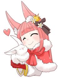  1girl animal animal_ears blunt_bangs blush bow brown_bow cape closed_eyes closed_mouth commentary_request crown fox_ears fox_girl fur-trimmed_cape fur_trim gloves hair_bow heart holding holding_animal holding_rabbit long_hair mini_crown oekakipikki official_alternate_costume pink_hair rabbit ragnarok_online red_cape red_gloves simple_background smile solo upper_body warlock_(ragnarok_online) white_background 