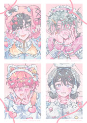  2boys 2girls ;p alien_stage alternate_costume animal_ears bandaid bandaid_hair_ornament black_eyes black_hair blue_sweater bow candy_hair_ornament chocorocotan claw_pose commentary double_bun earmuffs english_commentary eyepatch fake_animal_ears fang food-themed_hair_ornament frilled_hairband frills green_eyes grey_hair hair_bow hair_bun hair_ornament hairband hairclip heart heart_hair_ornament ivan_(alien_stage) lollipop_hair_ornament medical_eyepatch mizi_(alien_stage) multiple_boys multiple_girls one_eye_closed pink_hair pink_hairband rainbow red_pupils sample_watermark short_hair sticker sticker_on_face sua_(alien_stage) sweater till_(alien_stage) tongue tongue_out very_short_hair violet_eyes watermark yellow_eyes 