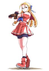  1girl antenna_hair bike_shorts bike_shorts_under_skirt black_gloves black_shorts black_socks blonde_hair blue_bow blue_neckerchief bow closed_mouth commentary_request drill_hair fingerless_gloves full_body gloves hair_bow highres ikaringo_(ikaringo4444) kanzuki_karin long_hair looking_to_the_side midriff neckerchief pleated_skirt puffy_short_sleeves puffy_sleeves red_shirt red_shoes red_skirt school_uniform shirt shoes short_sleeves shorts skirt smile socks solo street_fighter white_background yellow_eyes 