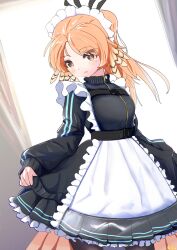  1girl alternate_costume apron arknights bird_girl bird_tail black_pantyhose blush commentary_request enmaided feather_hair feathers frilled_apron frills highres jacket jersey_maid kiyu_es335 long_hair maid maid_apron maid_headdress mole mole_under_eye orange_pupils pantyhose pinecone_(arknights) solo tail track_jacket turtleneck turtleneck_jacket unconventional_maid white_apron 
