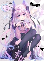  1girl :3 absurdres balloon bare_shoulders black_bow black_nails black_ribbon black_shoes black_skirt black_thighhighs blush bow bowtie buttons circle_name closed_mouth comiket_106 commentary_request cover cover_page doujin_cover english_text eyes_visible_through_hair floating_hair footwear_bow four-finger_heart_hands frilled_sleeves frills full_body glint grey_background hair_between_eyes hair_bow hair_ornament hair_ribbon hands_up heart heart-shaped_pupils heart_balloon heart_button heart_hair_ornament heart_hands high-waist_skirt highres huge_bow izumi_tsubasu jirai_kei jpeg_artifacts knees_up legs_together lips long_hair long_sleeves looking_at_viewer nail_polish original pink_bow pink_hair pink_shirt ribbon see-through_bow see-through_bowtie shirt shoes simple_background sitting skirt sleeve_bow smile solo symbol-shaped_pupils thigh-highs twintails very_long_hair violet_eyes x_hair_ornament 