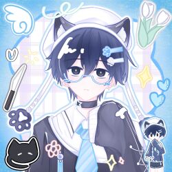  1boy adapted_costume animal animal_ear_fluff animal_ears animal_hat arm_at_side bespectacled black_cat black_choker black_eyes black_hair black_sweater blue_border blue_necktie blush border bright_pupils cat cat_ears cat_hat chibi chibi_inset choker closed_mouth collared_shirt commentary cross cross_earrings double-parted_bangs earrings expressionless fake_animal_ears flower glasses hair_between_eyes hair_ornament hand_up hat heart highres jewelry knife long_sleeves looking_at_viewer male_focus mewo mohan776458461 necktie omori outline outside_border pale_skin plaid_background puffy_long_sleeves puffy_sleeves round_eyewear semi-rimless_eyewear shirt short_hair simple_background sleeves_past_fingers sleeves_past_wrists solo sparkle star_(symbol) straight-on striped_clothes sunny_(omori) sweater symbol-only_commentary tulip upper_body upturned_eyes vertical-striped_clothes vertical-striped_necktie very_short_hair white-framed_eyewear white_background white_flower white_hat white_outline white_pupils white_shirt white_tulip 