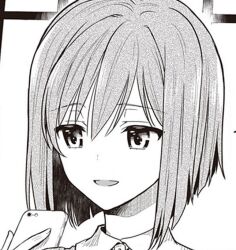  1girl cellphone collared_dress dress greyscale hair_between_eyes hara_tsumoi holding holding_phone kono_shima_ni_wa_midara_de_jaaku_na_mono_ga_sumu monochrome non-web_source open_mouth phone portrait short_hair smartphone solo yoruto_umi 