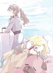  2girls :d ^_^ black_sweater blonde_hair blue_background blue_eyes blue_hair brown_hair brown_shirt cellphone chow_chow closed_eyes commentary elbow_on_table fujishima_megumi fujishima_megumi_(post-graduation) gradient_hair grey_jacket grey_pants hair_down hashtag-only_commentary highres holding holding_phone jacket l9525 link!_like!_love_live! long_sleeves love_live! lying mira-cra_park! multicolored_hair multiple_girls official_alternate_costume on_side open_clothes open_jacket open_mouth osawa_rurino osawa_rurino_(summer_loungewear) pants parted_bangs phone ponytail profile shirt smartphone smile standing stuffed_animal stuffed_dog stuffed_toy suit_jacket sweater talking_on_phone virtual_youtuber 