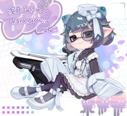  1girl apron aqua_eyes aqua_hair beads black_bow black_bowtie black_dress bloblobber_(splatoon) blue_jacket blue_shoes bow bowtie closed_mouth commentary_request commission dress full_body gradient_hair hair_beads hair_bow hair_horns hair_ornament hat highres indie_virtual_youtuber inkling inkling_girl inkling_player_character jacket long_sleeves looking_at_viewer mini_hat monocle multicolored_hair open_clothes open_jacket pointy_ears puchiman purple_hair purple_thighhighs second-party_source shoes short_hair signature skeb_commission sleeves_past_fingers sleeves_past_wrists smile solo splatoon_(series) stethoscope_around_neck tentacle_hair thank_you thigh-highs virtual_youtuber white_apron white_bow white_hat x_hair_ornament 