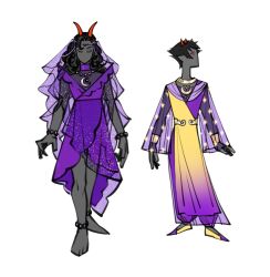  1boy 1girl adapted_costume anklet barefoot black_hair blank_eyes bracelet circlet closed_eyes colored_sclera colored_skin commentary crescent crescent_necklace curly_hair dress english_commentary extra_horns feferi_peixes full_body gold_bracelet gold_necklace grey_skin homestuck horns jewelry long_hair long_sleeves multicolored_shoes necklace no_mouth no_nose pants purple_dress purple_pants purple_shoes purple_veil red_eyes red_horns see-through_clothes see-through_skirt_layer see-through_sleeves shoes short_hair silver_necklace simple_background sollux_captor standing star_(symbol) star_print teardew three-quarter_sleeves troll_(homestuck) two-tone_dress two-tone_shoes veil white_background yellow_dress yellow_sclera yellow_shoes 