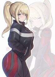 1girl absurdres black_jacket blonde_hair blue_eyes blush bodysuit breasts chascoby commentary english_commentary highres jacket large_breasts long_hair looking_at_another metroid metroid_prime_4:_beyond patreon_logo patreon_username ponytail power_suit_(metroid) samus_aran solo vi-o-la_suit 