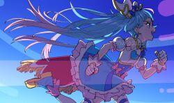  1girl ankle_boots blue_boots blue_cape blue_dress blue_eyes blue_hair blue_sky boots bow brooch cape clear_sky commentary cure_sky detached_sleeves dress dress_bow earrings fingerless_gloves frilled_dress frills fringe_trim from_side gloves gradient_hair hair_ornament hirogaru_sky!_precure jewelry long_hair looking_to_the_side magical_girl multicolored_hair nukosann open_mouth pink_bow pink_hair precure puffy_detached_sleeves puffy_sleeves red_cape running sky sleeveless sleeveless_dress smile solo sora_harewataru streaked_hair thigh-highs twintails twitter_username two-sided_cape two-sided_fabric two-tone_dress very_long_hair white_dress white_gloves white_thighhighs wing_brooch wing_hair_ornament 