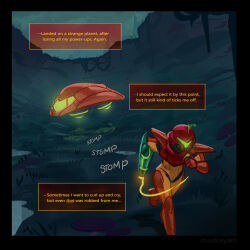  1girl arm_cannon armor artist_name assault_visor commentary english_commentary grass highres max_kay metroid metroid_prime_1 normal_suit_(metroid) power_armor power_suit_(metroid) red_armor running samus's_gunship samus_aran speech_bubble two-tone_armor weapon 
