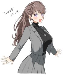  1girl bien_(djpwjd1) black_sweater breasts brown_hair cowboy_shot dated earrings fujishima_megumi fujishima_megumi_(post-graduation) grey_jacket grey_skirt heart heart_earrings heart_necklace highres jacket jewelry large_breasts link!_like!_love_live! long_hair long_sleeves looking_at_viewer love_live! necklace official_alternate_costume open_clothes open_jacket pleated_skirt sidelocks simple_background skirt solo stud_earrings suit_jacket sweater turtleneck turtleneck_sweater violet_eyes virtual_youtuber white_background 