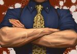  1boy blue_shirt collared_shirt crossed_arms head_out_of_frame highres jujutsu_kaisen lewiathans male_focus nanami_kento necktie shirt solo upper_body veins veiny_arms yellow_necktie 