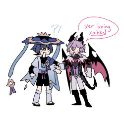  !? ._. 2boys ahoge aracanthus38633 arms_at_sides black_bodysuit black_boots black_bridal_gauntlets black_coat black_horns black_sandals black_shorts black_tail blue_cape blue_hat blue_kimono blunt_ends blush bodysuit boots bow bridal_gauntlets cape chest_jewel clenched_hand coat coattails dragon_boy dragon_horns dragon_tail dragon_wings english_text feathers gem genshin_impact gloves gold grey_hair hair_between_eyes hat heart-shaped_gem holding_another's_arm horns japanese_clothes jingasa juban kimono leg_warmers mini_durin_(genshin_impact) mini_durin_(human)_(genshin_impact) multiple_boys open_clothes open_hand open_kimono open_mouth pants pom_pom_(clothes) purple_bow purple_hair purple_sash red_gemstone red_wings sandals sash scaramouche_(genshin_impact) short_sleeves shorts speech_bubble spiked_tail spoilers standing tail wanderer_(genshin_impact) white_gloves white_kimono white_leg_warmers white_mouth white_pants white_sleeves wings yellow_feathers zouri 