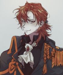  1boy :3 aiguillette ascot black_jacket black_shirt bow bowtie brown_eyes cale_henituse closed_mouth collared_jacket collared_shirt commentary_request epaulettes gem grey_background grey_eyes hair_bow highres jacket korean_commentary looking_at_viewer lout_of_count's_family male_focus medium_hair orange_hair shirt simple_background smile smirk solo thx362 upper_body white_ascot 