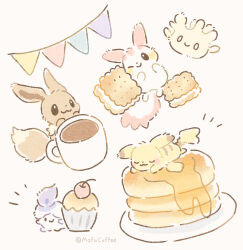  absurdres alternate_color cherry coffee commentary_request cookie cup eevee food fruit highres litwick milcery mofucoffee no_humans notice_lines pachirisu pancake pancake_stack pikachu plate pokemon pokemon_(creature) pokemon_focus shiny_pokemon simple_background syrup twitter_username 