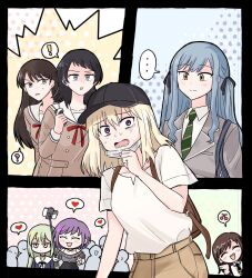  ! ... 6+girls ? ave_mujica_(bang_dream!) backpack bag bang_dream! bang_dream!_it's_mygo!!!!! baseball_cap black_choker black_hair black_hat black_necktie black_ribbon blonde_hair blue_eyes blue_hair blush brown_bag brown_dress brown_hair choker closed_eyes commentary_request diagonal-striped_clothes diagonal-striped_necktie dress green_hair green_necktie grey_shirt hair_ribbon hanasakigawa_school_uniform haneoka_school_uniform hat heart highres holding_drink_carton long_hair medium_hair misumi_uika mole mole_under_eye multiple_girls necktie nervous_sweating open_mouth purple_hair ribbon sailor_dress school_uniform selfie_stick shiina_taki shirt short_hair short_sleeves sidelocks spoken_ellipsis spoken_exclamation_mark spoken_question_mark striped_clothes sumimi_(bang_dream!) sumita_mana sweat teeth togawa_sakiko upper_teeth_only v violet_eyes wakaba_mutsumi white_shirt yahata_umiri yellow_eyes yrk_ev yuutenji_nyamu 