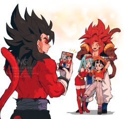  biceps blue_eyes blue_sash body_fur bra_(dragon_ball) dragon_ball dragon_ball_gt dragon_ball_heroes earrings gogeta gogeta_(xeno) grandfather_and_granddaughter highres jewelry metamoran_vest monkey_boy monkey_tail muscular muscular_male no_nipples pan_(dragon_ball) pants pectorals potara_earrings red_fur red_hair relio_db318 sash simple_background smile spiky_hair super_saiyan super_saiyan_4 tail vegetto vegetto_(xeno) veins veiny_hands white_pants 