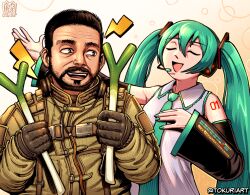  1boy 1girl beard black_gloves black_hair black_sleeves blue_hair blue_necktie closed_eyes collared_shirt commentary crossover detached_sleeves english_commentary facial_hair food gloves green_jacket grey_shirt hatsune_miku headphones headphones_around_neck headset highres holding holding_food holding_spring_onion holding_vegetable jacket long_hair looking_at_another necktie open_mouth richter_(stalker) shirt short_hair sleeveless sleeveless_shirt smile spring_onion stalker_(game) stalker_2:_heart_of_chornobyl tokuriart twintails upper_body vegetable very_long_hair vocaloid 