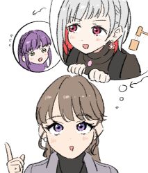  3girls :d arrow_(symbol) black_sweater braid brown_hair colored_inner_hair commentary_request crown_braid diagonal_bangs earrings flying_sweatdrops fujishima_megumi fujishima_megumi_(post-graduation) green_eyes grey_hair grey_jacket hasu_no_daisankaku highres index_finger_raised jacket jewelry kine link!_like!_love_live! llkapital long_hair love_live! mallet mochitsuki multicolored_hair multiple_girls open_clothes open_jacket open_mouth otomune_kozue otomune_kozue_(post-graduation) ponytail purple_hair raised_inner_eyebrows red_eyes red_hair sidelocks simple_background smile speech_bubble spoken_character star_(symbol) star_earrings sweater thought_bubble turtleneck turtleneck_sweater v-shaped_eyebrows violet_eyes virtual_youtuber white_background worried yugiri_tsuzuri yugiri_tsuzuri_(post-graduation) 