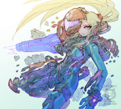 1girl arm_cannon assault_visor blonde_hair blue_bodysuit blue_eyes bodysuit commentary floating_hair long_hair metroid metroid_prime_4:_beyond nakayama_tooru ponytail power_suit_(metroid) purple_visor samus_aran science_fiction solo twitter_username vi-o-la_suit watermark weapon zero_suit 