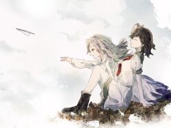  2girls anchor_symbol black_boots black_hair boots closed_eyes clouds commentary_request dress grey_eyes grey_hair hat highres kumoi_ichirin long_hair long_sleeves mini_hat mitsusame multiple_girls murasa_minamitsu neckerchief open_mouth outstretched_arm paper_airplane red_neckerchief sailor_hat shirt short_hair short_sleeves shorts sitting socks thigh-highs touhou white_dress white_hat white_shirt white_shorts white_socks 