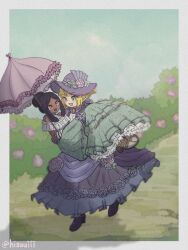  2girls :3 amaryllis_(dr._stone) artist_name black_hair blonde_hair blue_eyes blush carrying dark-skinned_female dark_skin dr._stone dreadlocks dress dress_flower flower green_dress hair_bun hat hat_flower high_heels hisuuiii holding holding_umbrella implied_yuri interracial kohaku_(dr._stone) multiple_girls off-shoulder_dress off_shoulder open_mouth outdoors parasol princess_carry purple_dress rose sidelocks smile twitter_username umbrella yellow_eyes yuri 