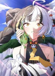  1girl absurdres animal bare_shoulders black_hair braid braided_twintails chinese_clothes commentary_request detached_sleeves dialyn_(zenless_zone_zero) dress earrings hair_ornament highres holding holding_animal holding_frog jewelry jojo_no_kimyou_na_bouken long_hair multicolored_hair nasol necktie open_mouth solo split-color_hair white_hair yellow_eyes yellow_necktie zenless_zone_zero 