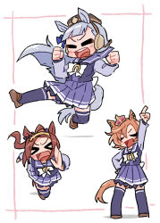  >_< 3girls :d animal_ears arm_up beer_hsk bow brown_hair brown_hat brown_shoes chibi clenched_hands closed_eyes crown ear_covers forehead gold_ship_(umamusume) grey_hair hat highres horse_ears horse_girl horse_tail long_sleeves mini_crown mini_hat multiple_girls pleated_skirt ponytail puffy_long_sleeves puffy_sleeves purple_shirt purple_skirt purple_thighhighs sakura_bakushin_o_(umamusume) school_uniform shirt shoes skirt smile t.m._opera_o_(umamusume) tail thigh-highs tracen_school_uniform umamusume white_background white_bow xd 