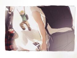  1girl 2boys alternate_universe armin_arlert backpack bag black_bag black_choker black_hair black_shirt border breasts brown_pants choker cross cross_necklace eren_yeager glasses green_shirt grey_pants handbag hands_up highres holding holding_bag jewelry laicuihu666 medium_breasts mikasa_ackerman multiple_boys necklace official_alternate_costume open_mouth pants plaid_clothes plaid_skirt red_skirt shingeki_no_kyojin shirt sidelocks sketch skirt smile updo white_border white_shirt 