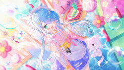  1girl :d animal_ear_fluff animal_ears apron blue_hair blurry blurry_foreground bubble commentary_request cup cyclops dango depth_of_field dutch_angle egasumi eyes_visible_through_hair food frilled_apron frilled_skirt frills green_eyes hair_ornament hair_over_one_eye hairclip holding hoshiduki_lilly ikari_(aor3507) indie_virtual_youtuber japanese_clothes kimono long_hair long_sleeves looking_at_viewer maid maid_headdress mimikaki multicolored_hair official_art one-eyed pink_hair pink_kimono plate pleated_skirt print_kimono print_skirt purple_skirt sanshoku_dango skirt smile solo standing star_(symbol) star_print table tail tatami tray two-tone_hair very_long_hair virtual_youtuber wa_maid wagashi waist_apron white_apron wide_sleeves yunomi 
