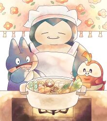  apron blush claws closed_eyes closed_mouth cooking cooking_pot fangs flower food fuecoco headscarf highres holding ladle munchlax mushroom no_humans open_mouth pokemon pokemon_(creature) pokemon_focus sharp_teeth smile snorlax soup stove teeth tofu vegetable waltz_(wal_w_wal) white_apron white_headscarf 