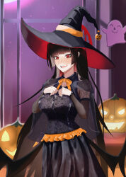  1girl absurdres alternate_costume black_dress black_hair blood blood_halo blue_archive breasts commentary_request doodle_sensei_(blue_archive) dress fang frilled_dress frills ghost halloween halloween_costume halo hands_on_own_chest hat highres hime_cut jack-o'-lantern large_breasts light_blush liquid_halo long_hair low_wings open_mouth orange_ribbon pumpkin red_eyes red_halo ribbon sabo10_fighter sensei_(blue_archive) sky smile tsurugi_(blue_archive) very_long_hair window wings witch_hat 