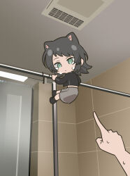  2girls animal_ears bang_dream! bang_dream!_it's_mygo!!!!! bathroom black_jacket blue_eyes climbing crying crying_with_eyes_open grey_skirt highres indoors jacket kemonomimi_mode mini_person multiple_girls pointing skirt tears yahata_umiri yzj21333 
