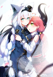  2girls ahoge animal_ear_fluff animal_ears aqua_eyes blue_jacket blush braid closed_mouth commentary_request fox_ears fox_girl fox_tail gloves green_eyes hair_ornament hat highres hololive imo_bouya jacket long_hair long_sleeves looking_at_another looking_at_viewer low-tied_long_hair mini_hat mini_top_hat multiple_girls open_mouth pentagram pink_hair pink_skirt sakura_miko shirakami_fubuki skirt smile tail top_hat very_long_hair white_gloves white_hair 