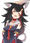  1girl @-you_(you_2023_8_16) animal_ears bell black_hair choker closed_eyes detached_sleeves happy headpat heart highres hololive long_hair ookami_mio red_choker sailor_collar virtual_youtuber white_background wolf_ears 