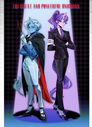  2girls absurdres adjusting_clothes arm_behind_back armband back-to-back biantaishi1 black_background black_boots black_capelet black_gloves black_jacket black_pants black_ribbon black_shoes blue_coat blue_hair blue_outline blue_skin blue_tail boots brooch capelet clip_studio_paint_(medium) closed_mouth coat collared_shirt colored_skin commentary crossdressing crossdressing_(ftm) english_commentary english_text flat_chest footwear_ribbon forehead frilled_sleeves frills full_body gloves half-closed_eyes half_gloves halftone halftone_background hand_on_own_chest hand_up high-waist_pants high_heel_boots high_heels high_ponytail highres holding holding_wand horns horse_tail jacket jewelry long_sleeves looking_at_viewer medium_hair multicolored_boots multicolored_hair multiple_girls my_little_pony my_little_pony:_equestria_girls my_little_pony:_friendship_is_magic necktie open_clothes open_coat outline pants pillarboxed pink_eyes pink_outline pink_skin ponytail purple_hair purple_necktie purple_tail purple_vest red_capelet ribbon shadow shirt shoes simple_background single_horn slit_pupils smile smirk sparkle spotlight standing starlight_glimmer starlight_glimmer_(equestria_girls) streaked_hair suit swept_bangs tail trixie_lulamoon trixie_lulamoon_(equestria_girls) tsurime two-sided_capelet two-tone_boots two-tone_hair two-tone_tail unicorn_girl unicorn_horn vest violet_eyes wand white_armband white_boots white_gloves white_hair white_pants white_shirt 