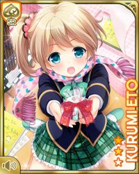  1girl bow bowtie brown_hair cardigan eto_kurumi girlfriend_(kari) green_bow green_bowtie green_eyes green_skirt hair_ornament hair_scrunchie jacket looking_at_viewer miniskirt official_art plaid_clothes plaid_skirt pleated_skirt qp:flapper school_uniform scrunchie shirt side_ponytail skirt smile solo standing white_shirt yellow_cardigan 