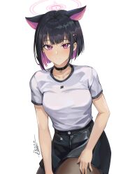  1girl animal_ears arms_at_sides black_choker black_hair black_shorts blue_archive bob_cut breasts cat_ears choker closed_mouth colored_inner_hair commentary cowboy_shot dated highres kazusa_(blue_archive) looking_at_viewer multicolored_hair pink_eyes shirt shirt_tucked_in short_hair short_shorts short_sleeves shorts simple_background solo t-shirt tiger_june white_background white_shirt 