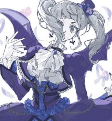  1girl aikatsu! aikatsu!_(series) ascot bat_earrings bat_wings blunt_bangs commentary_request cropped_jacket drill_hair earrings feathers frilled_sleeves frills gothic_lolita grey_eyes grey_hair hand_up jacket jewelry juliet_sleeves lolita_fashion long_hair long_sleeves looking_at_viewer nail_polish poteto_(mochimochinc) puffy_sleeves purple_jacket purple_skirt skirt solo todo_yurika twin_drills twintails white_ascot white_background wings 